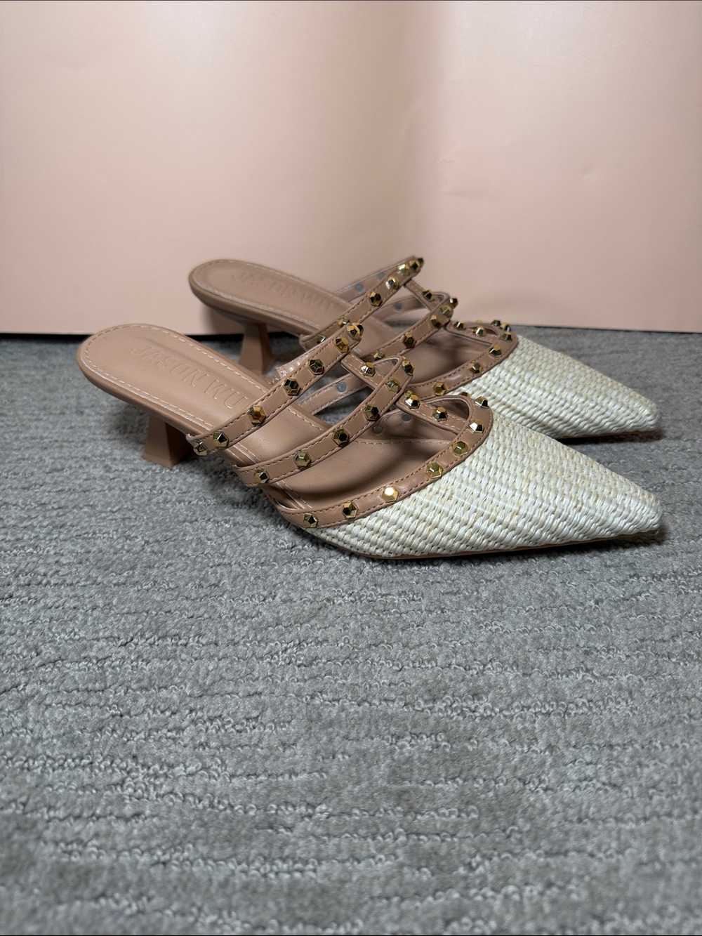 Jason Wu Women’s Ivory Woven Pointed Toe Studded Mule Heels